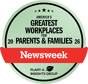 Award badge by Newsweek announcing America's Greatest Workplaces for Parents & Families 2026, featuring a red Newsweek banner and Plant Insights Group logo.