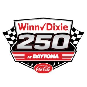 Logo for the Winn-Dixie 250 at Daytona race, with bold 250 text, checkered flags, and a Coca-Cola badge.