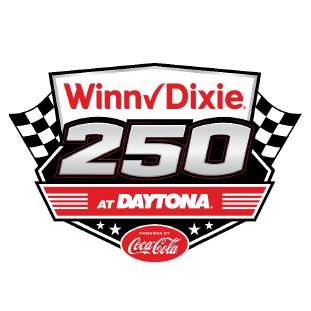 Logo for the Winn-Dixie 250 at Daytona race, with bold 250 text, checkered flags, and a Coca-Cola badge.