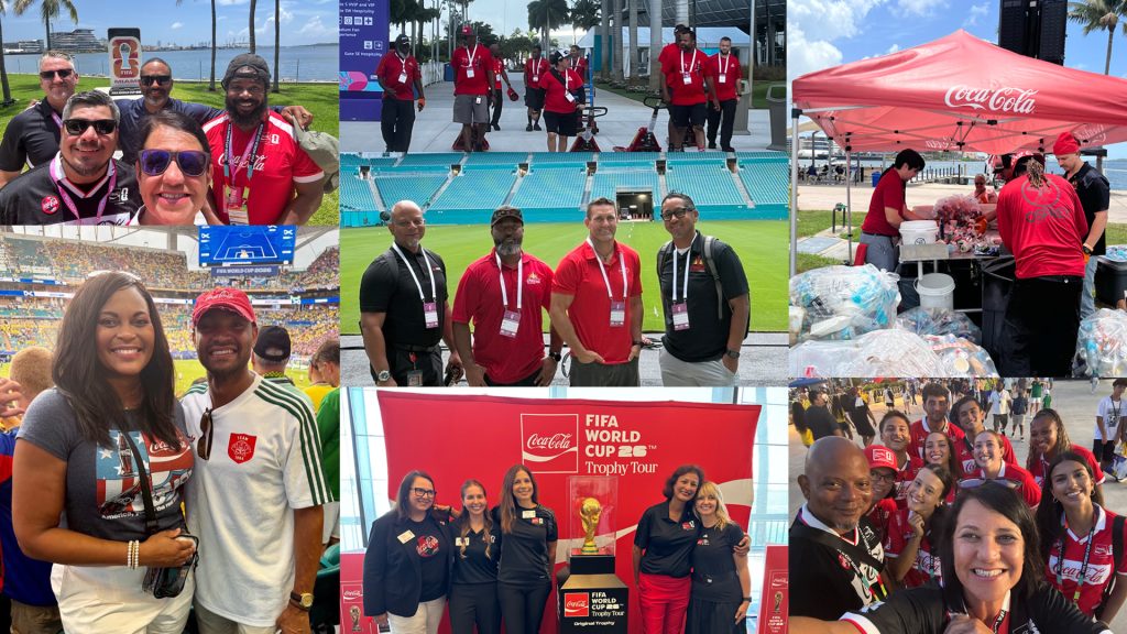 All FIFA Experience Collage - Coca-Cola Beverages Florida Group of diverse fans and staff posing at FIFA World Cup events with Coca-Cola branding and sunny venues (collage).