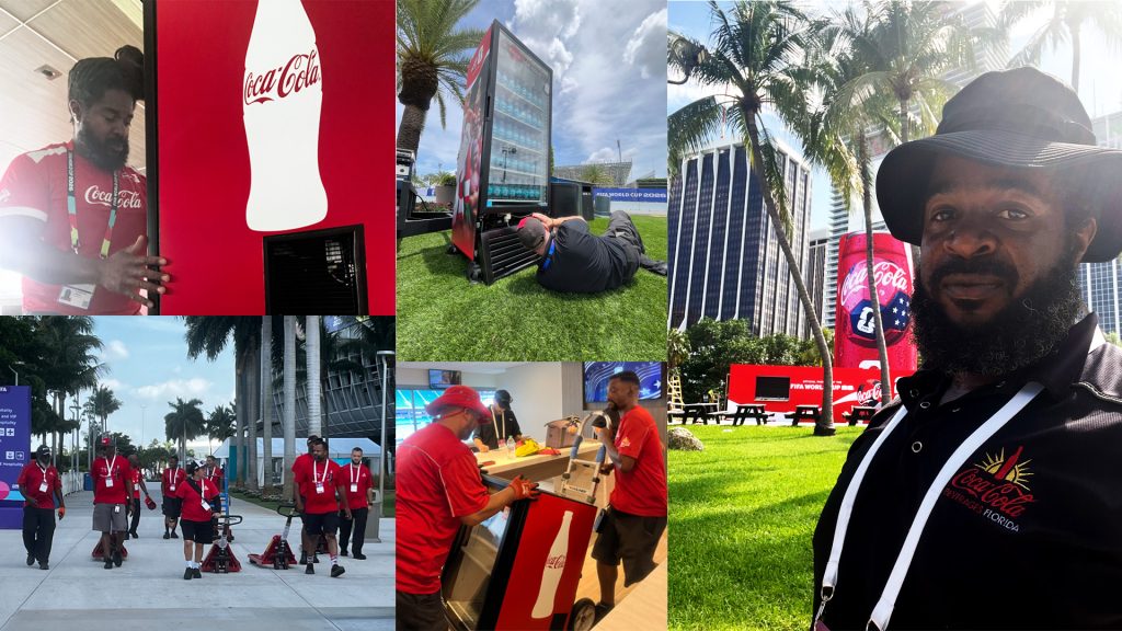 Jabari Thompson-FIFA Experience - Coca-Cola Beverages Florida Collage of Coca-Cola volunteers at an outdoor event, with vending fridges, palm trees, and a large Coca-Cola display in the foreground