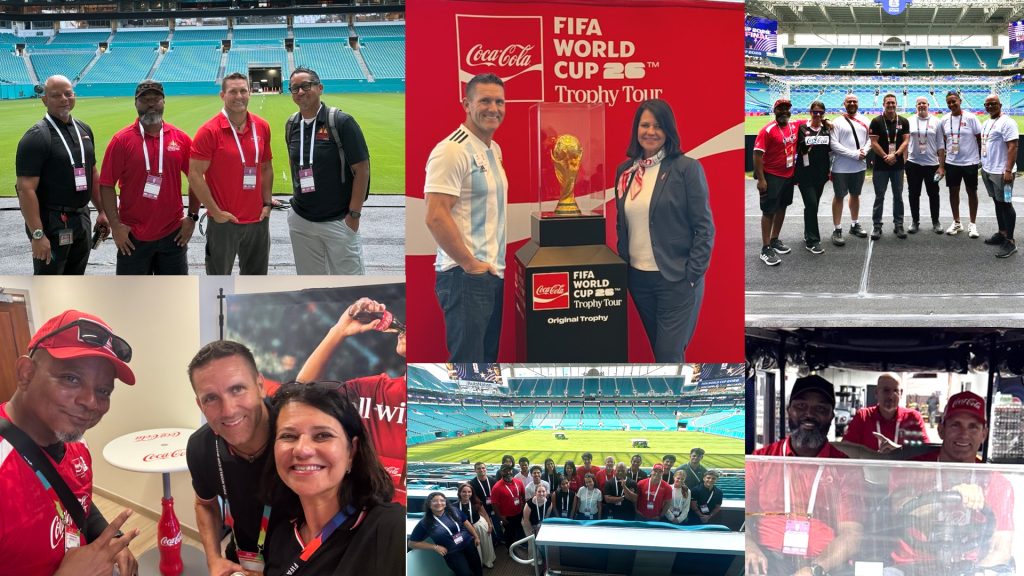 Jeff Holcomb-FIFA Experience2jpeg - Coca-Cola Beverages Florida Collage of people at a stadium with Coca‑Cola and FIFA World Cup Trophy Tour branding, posing for photos and near the trophy display (informative collage).