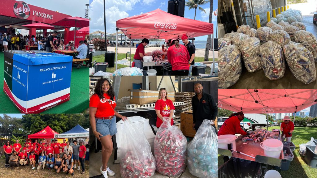 John Mitchell-Sustainability3-FIFA Experience - Coca-Cola Beverages Florida Collage of Coca-Cola event volunteers at a waterfront festival, sorting cans and bags for recycling under red tents.