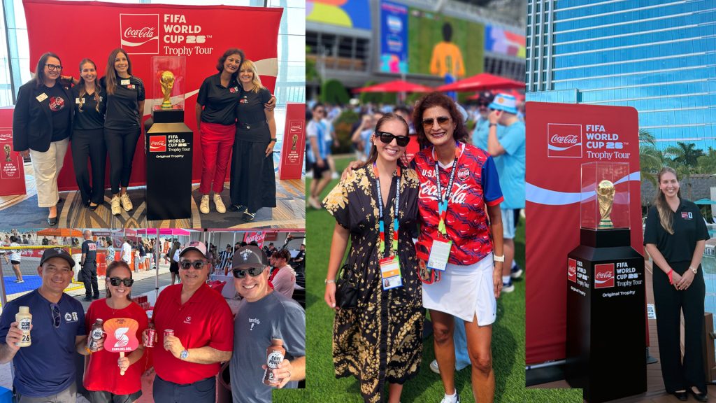Paige Rodriquez-FIFA Experiencejpeg - Coca-Cola Beverages Florida Collage of FIFA World Cup Trophy Tour scenes: left panel five women in black shirts posing with the trophy in front of a Coca‑Cola red backdrop; middle panel two women smiling at an outdoor event with lanyards; right panel a woman in black beside the trophy display against a red backdrop.