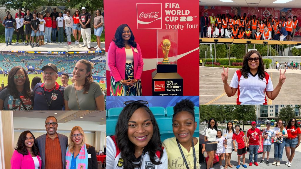 Shannon Smith-FIFA Experience - Coca-Cola Beverages Florida collage of diverse groups at sports events, team photos, and fans posing at a FIFA World Cup Trophy Tour display
